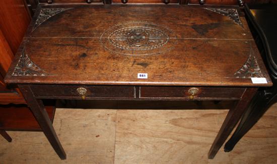 Carved oak side table with 2 drawers